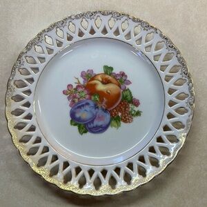 Vintage Porcelain Fruit Wall Plate Lattice Cutout Edge Gilded Made in Japan